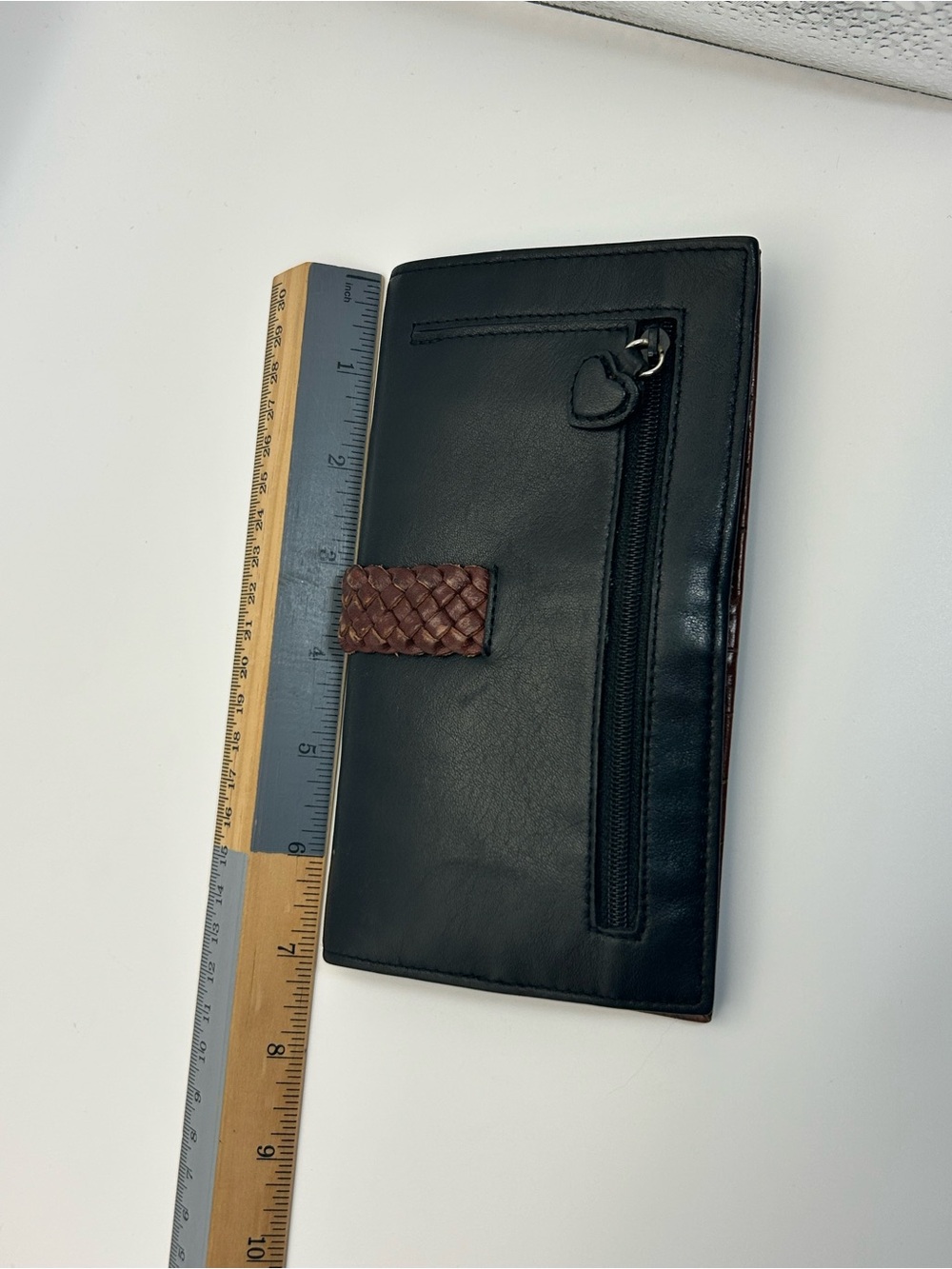 Brighton Two-tone Leather Braided Wallet Black Brown Silver Plated Heart Vintage - Picture 9 of 13